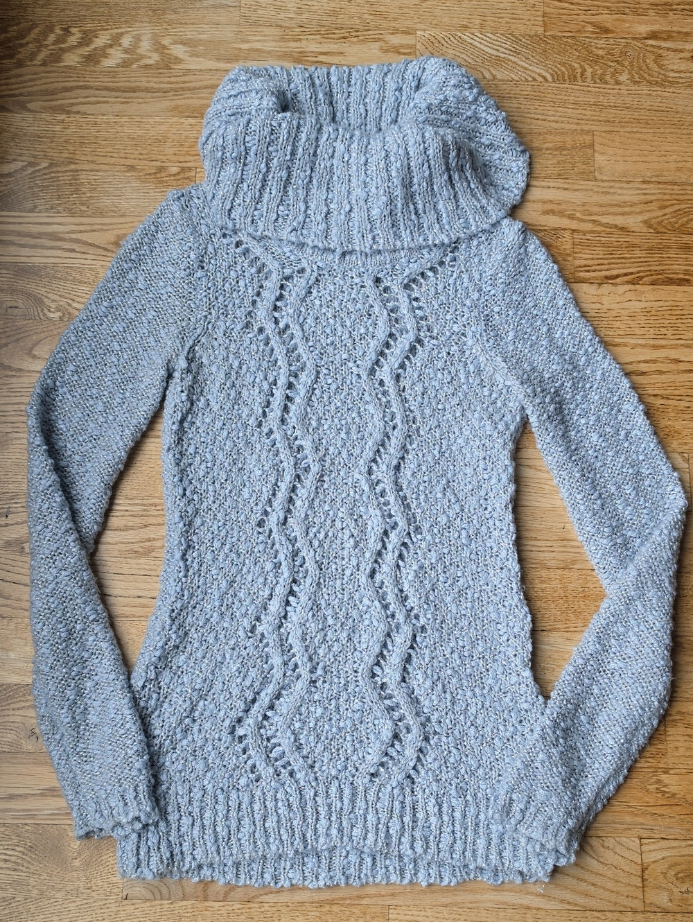 (XS) Ricki's Light Gray Cable Knit Cowl Neck Sweater Comfy Cozy Cabin Ski Funnel